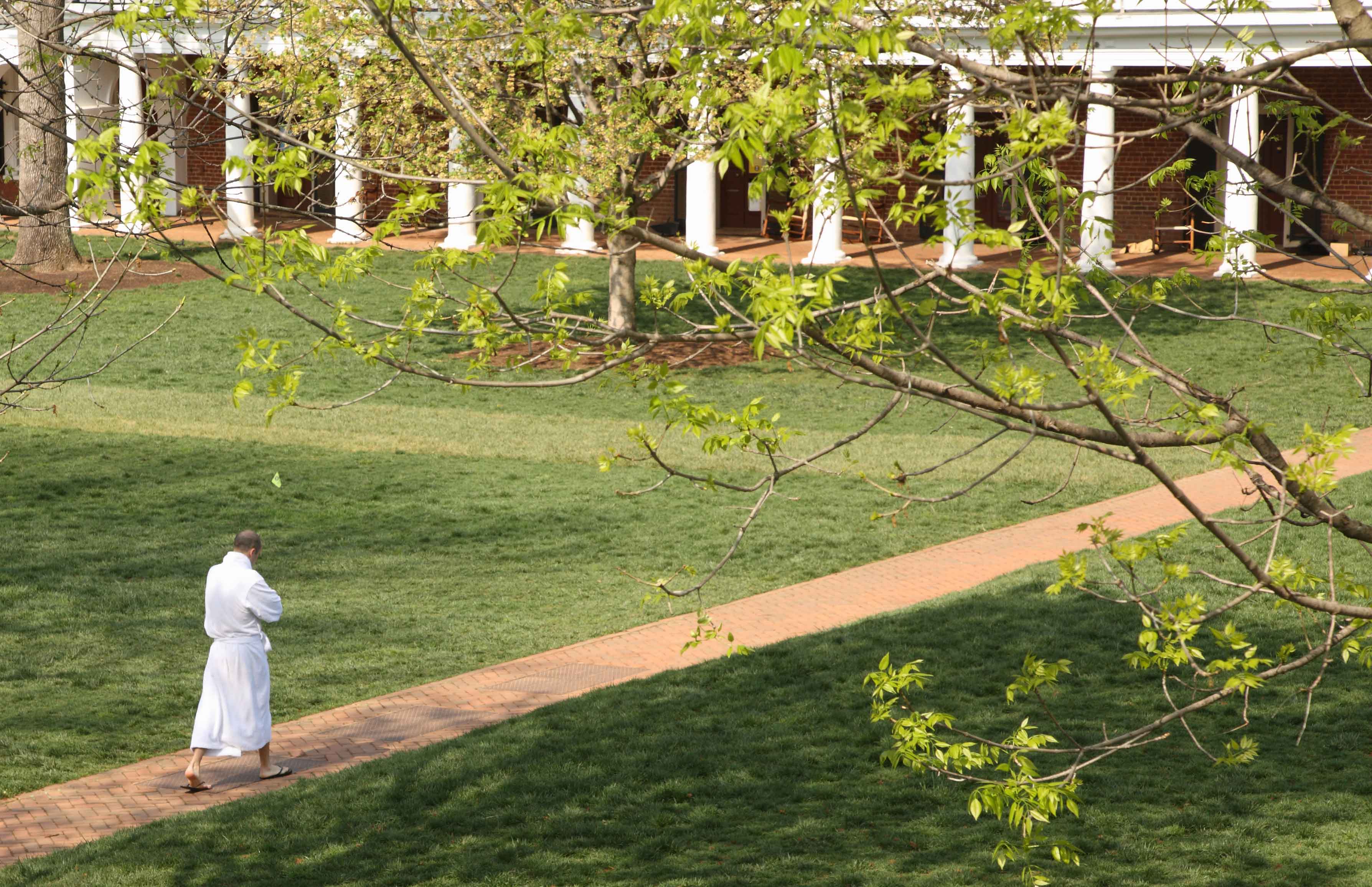 Lawn resident in bathrobe