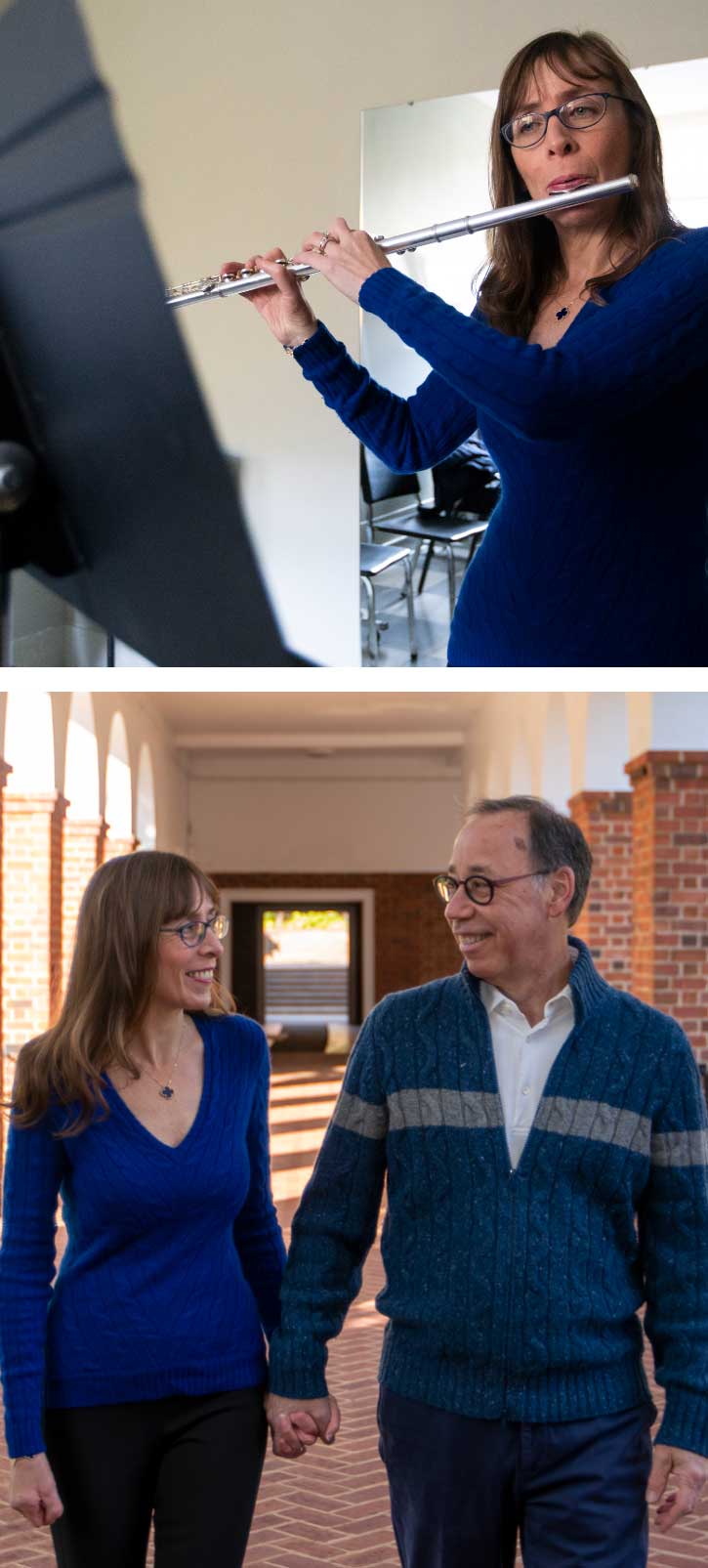 Christine Moore playing the flute and walking with her husband