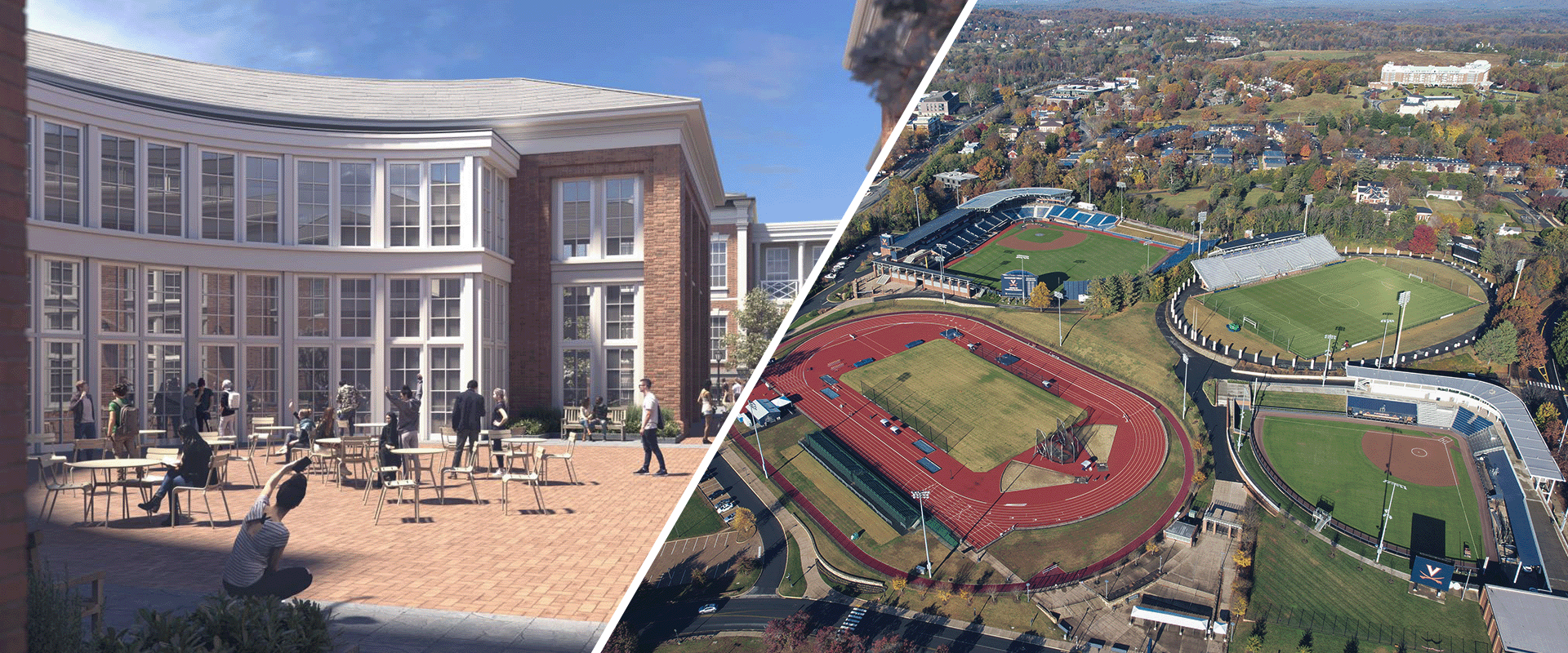 Split image of rendering of McIntire Building alongside aerial of Athletics fields