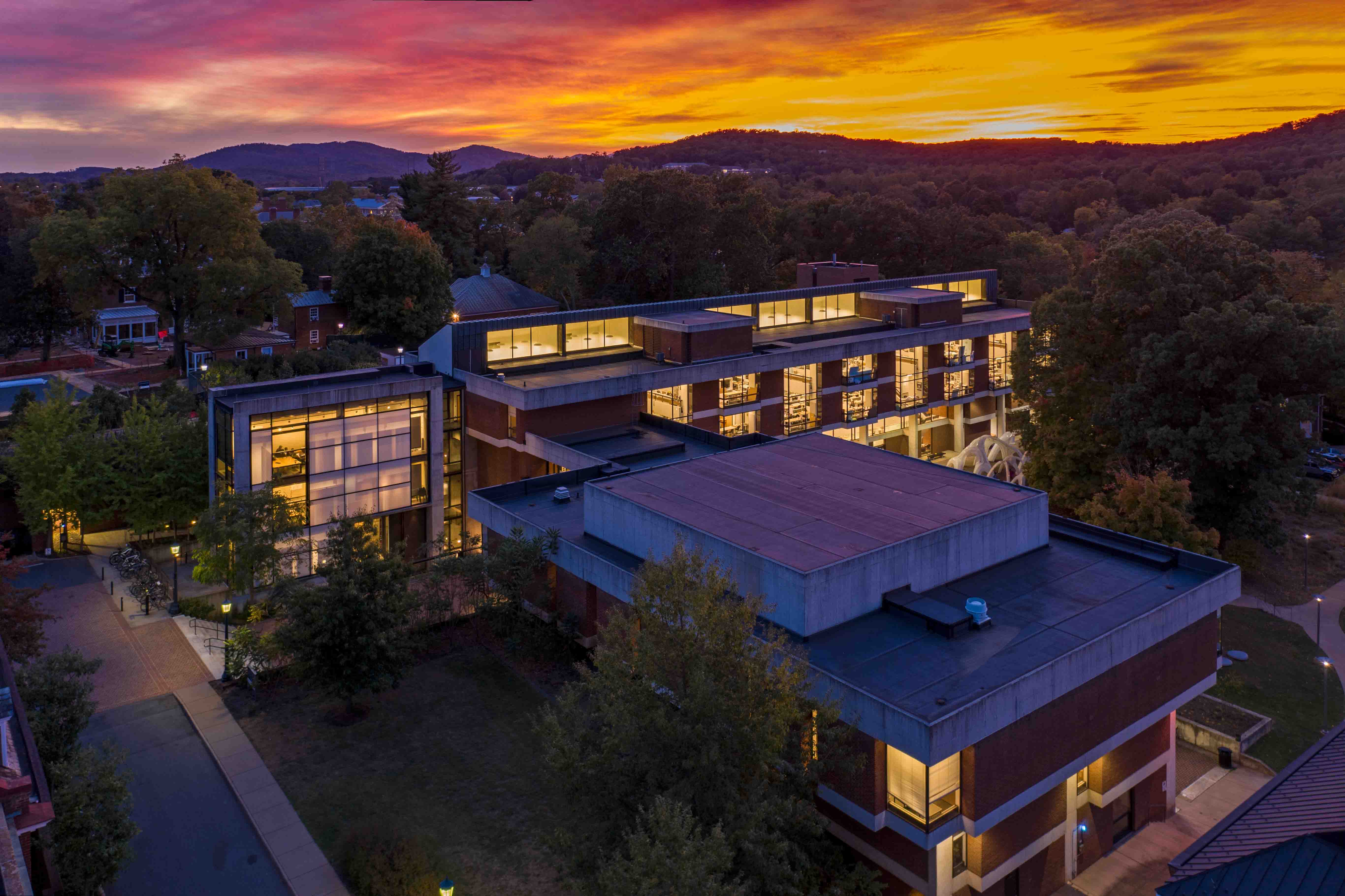 Sunset aerial of Campbell Hall
