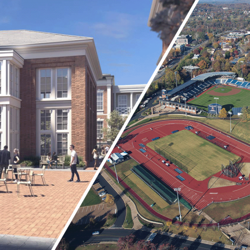 Split image of rendering of McIntire Building alongside aerial of Athletics fields