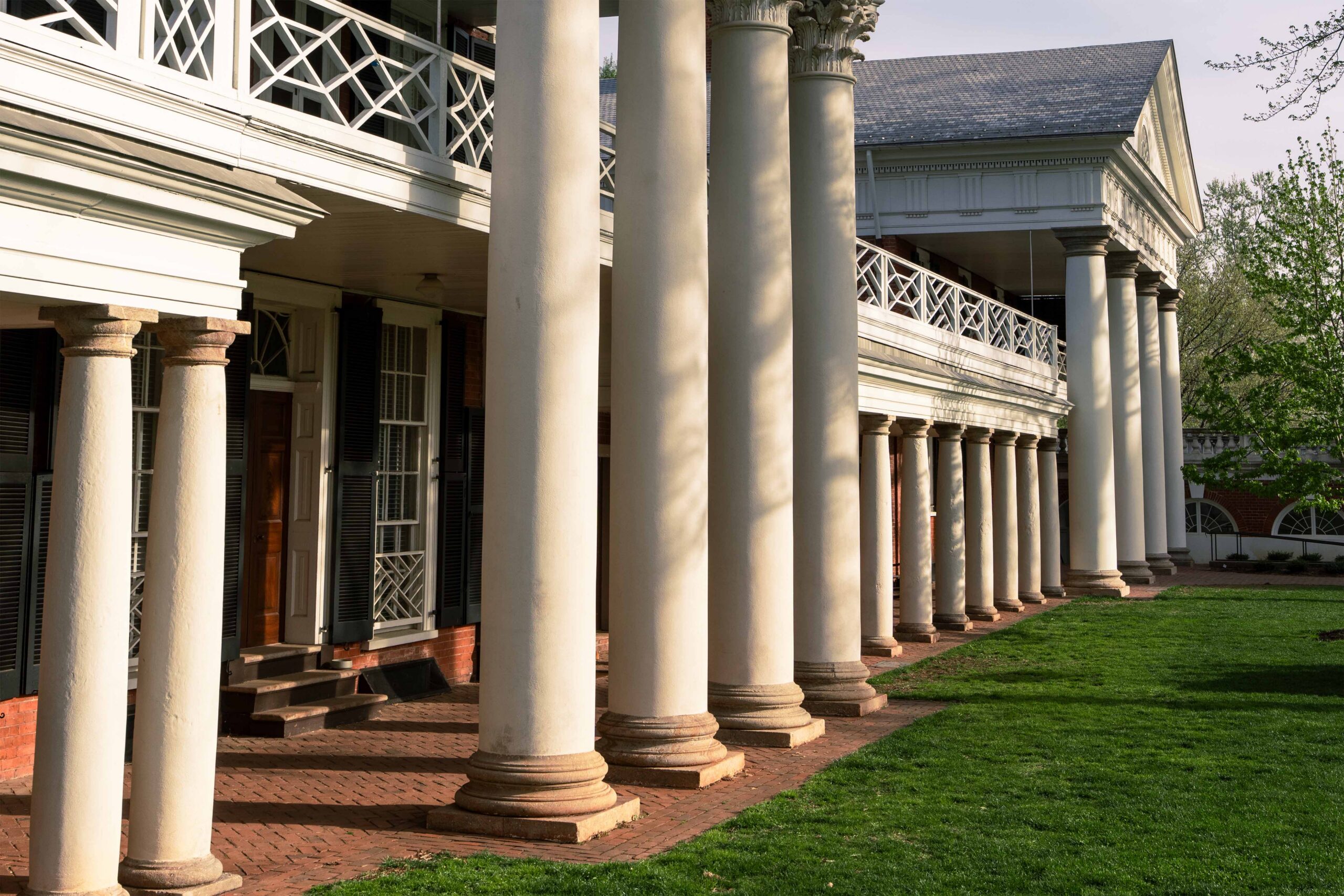 Warm sunlight hits upon the UVA pavilion columns